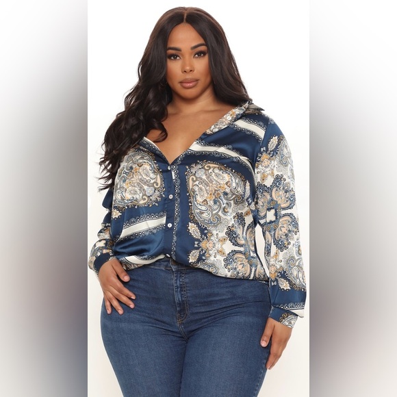 Fashion Nova NWOT Posh And Deluxe Satin Paisley Shirt | Blue/combo | Size 2XL - Picture 5 of 15